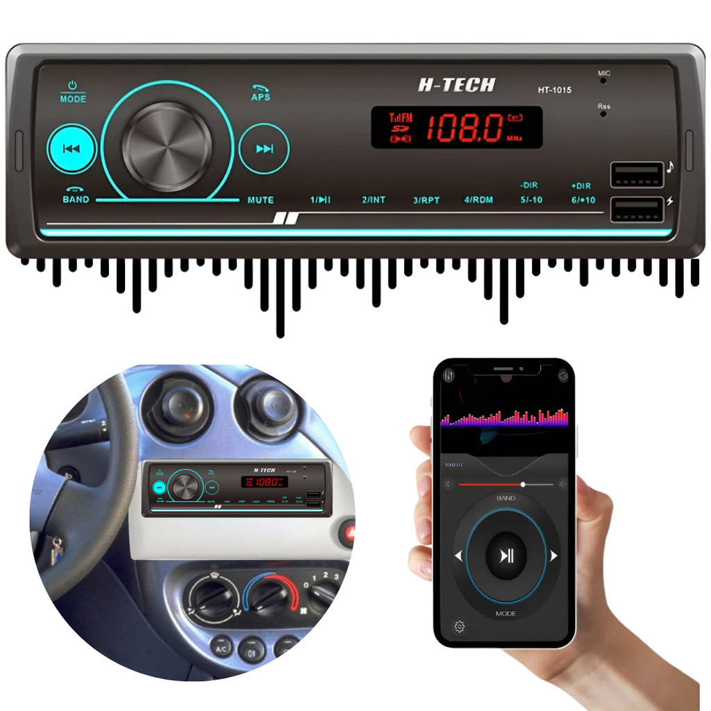 Rádio H-tech Ht-1015 Bluetooth Usb C/ Fm C/ Mp3 C/Controle Virtual Compatível Com Pendrive Reprodução De Música Veicular