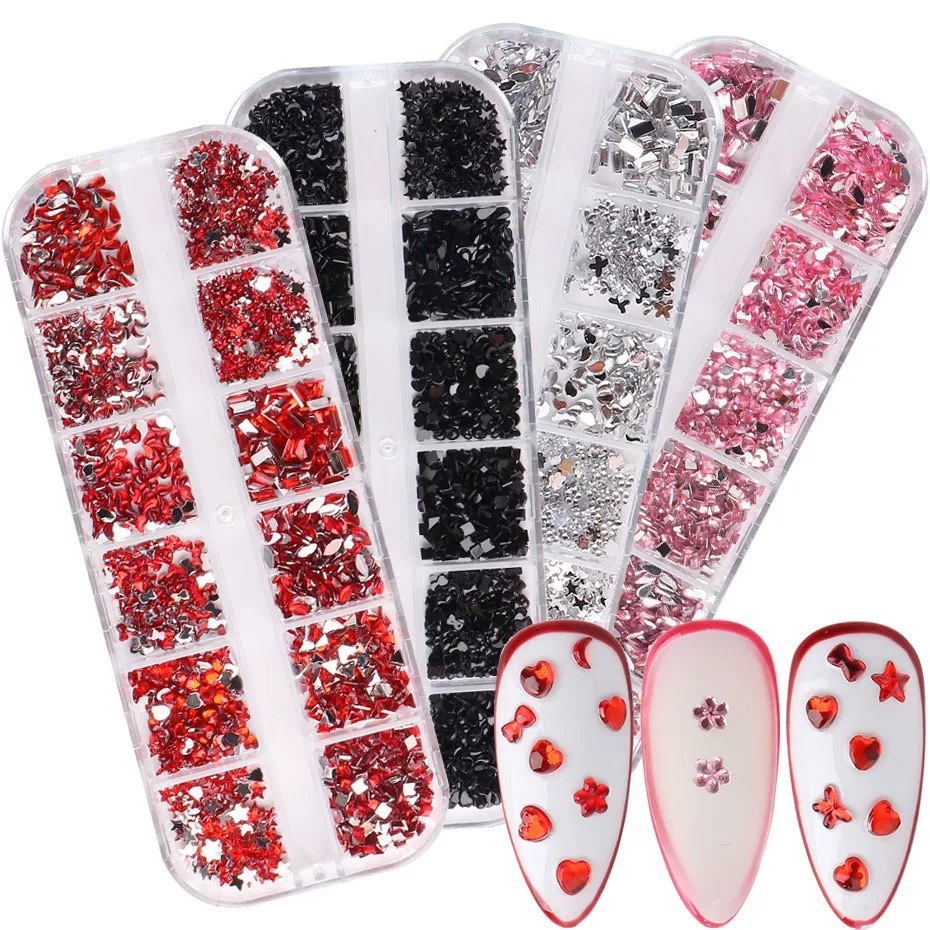 Kit 12 Grade Multi Tipo Hotfix Rhinestones Flatback Cristal Diamante Gemas 3D Glitter Nail Art Decoração Luxuosa
