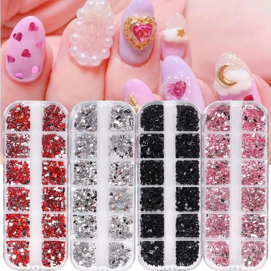 Kit 1/4 Caixas com 12 Grade Multi Tipo Hotfix Rhinestone Flatback Cristal Gemas 3D Glitter Nail Art Decoração Luxuosa