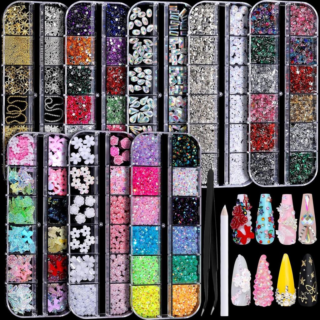 FANDAMEI Nail Charms, Nail Rhinestones Kit with 8 Boxes of Nail Gems, Bedazzling Kit for Nails, Colorful Clear Flatback