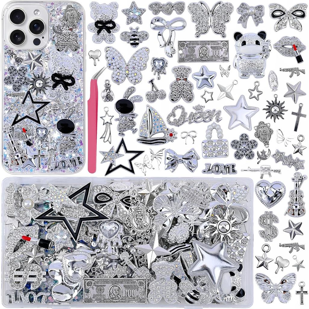 Junk Case Charms Kit, Y2K DIY Phone Case Decorations with Assortment of Large Charms, Sparkly Flatback Rhinestones, Pear
