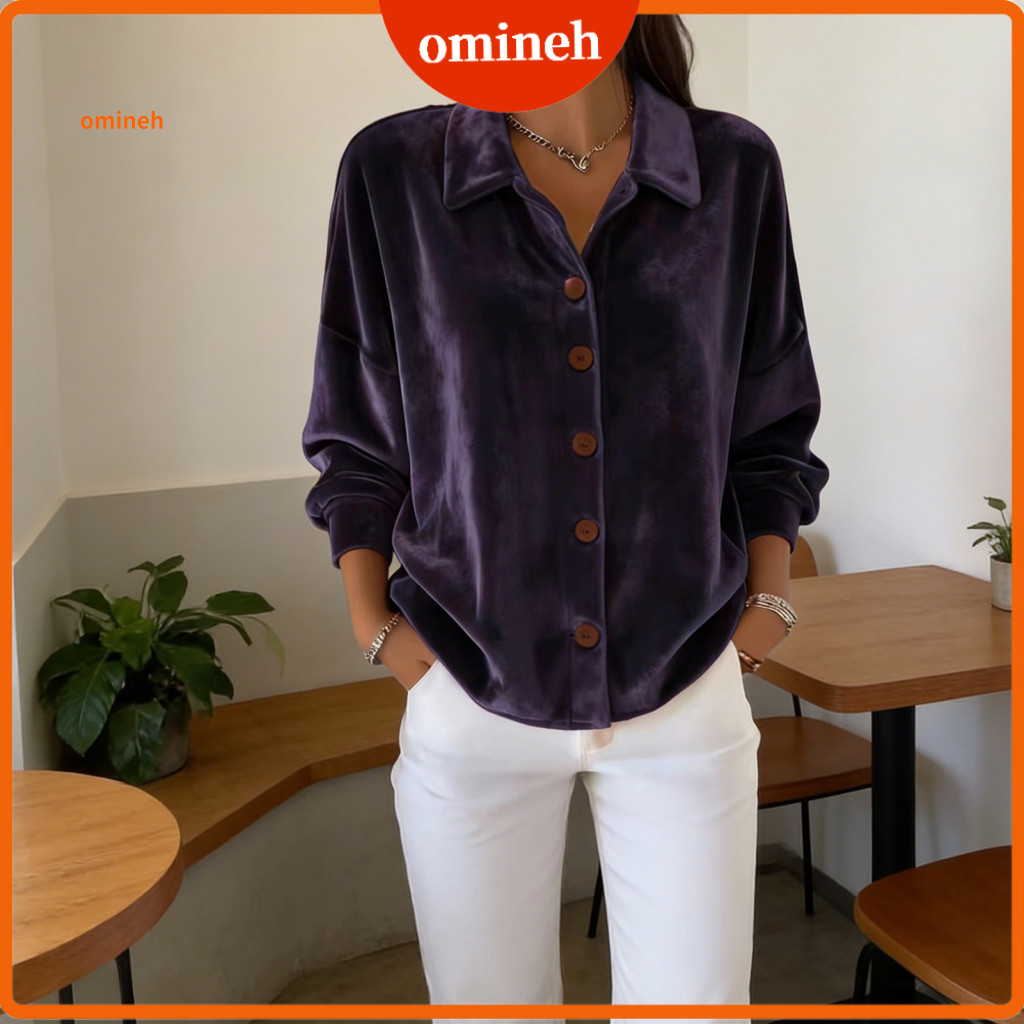 Women Shirt Tops Women’s Velvet Long Sleeve Lapel Collar Solid Color Button-up Blouse Loose Fit Commuter Top for Work