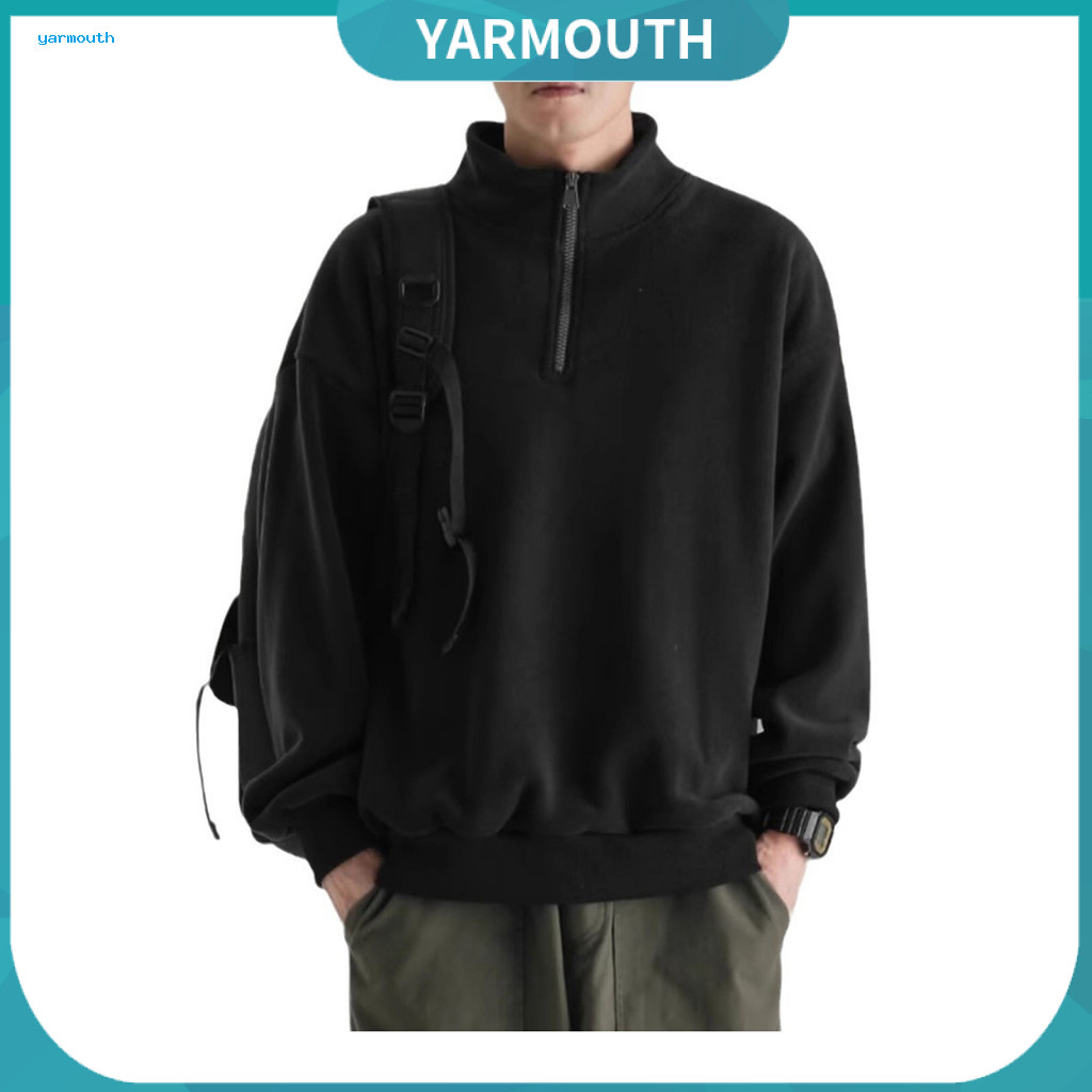Half-zip Shirt Men's Fall Winter Sweatshirt Stand Collar Retro Solid Color Double-sided Velvet Pullover Loose Fit Long S