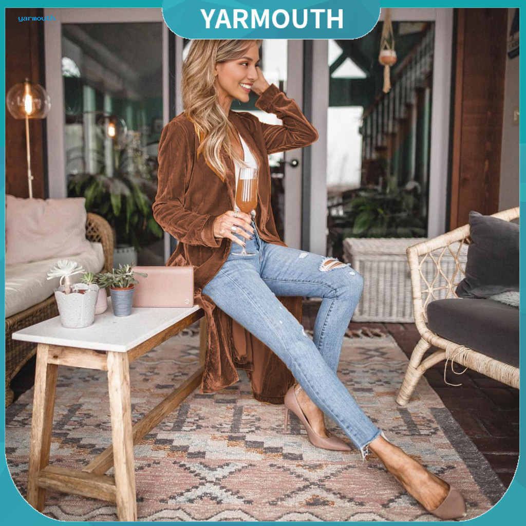 Women Cardigan Coat Golden Velvet Jacket Women’s Mid-length Open Front Lapel Long Sleeve Fabric Solid Color Outerwear