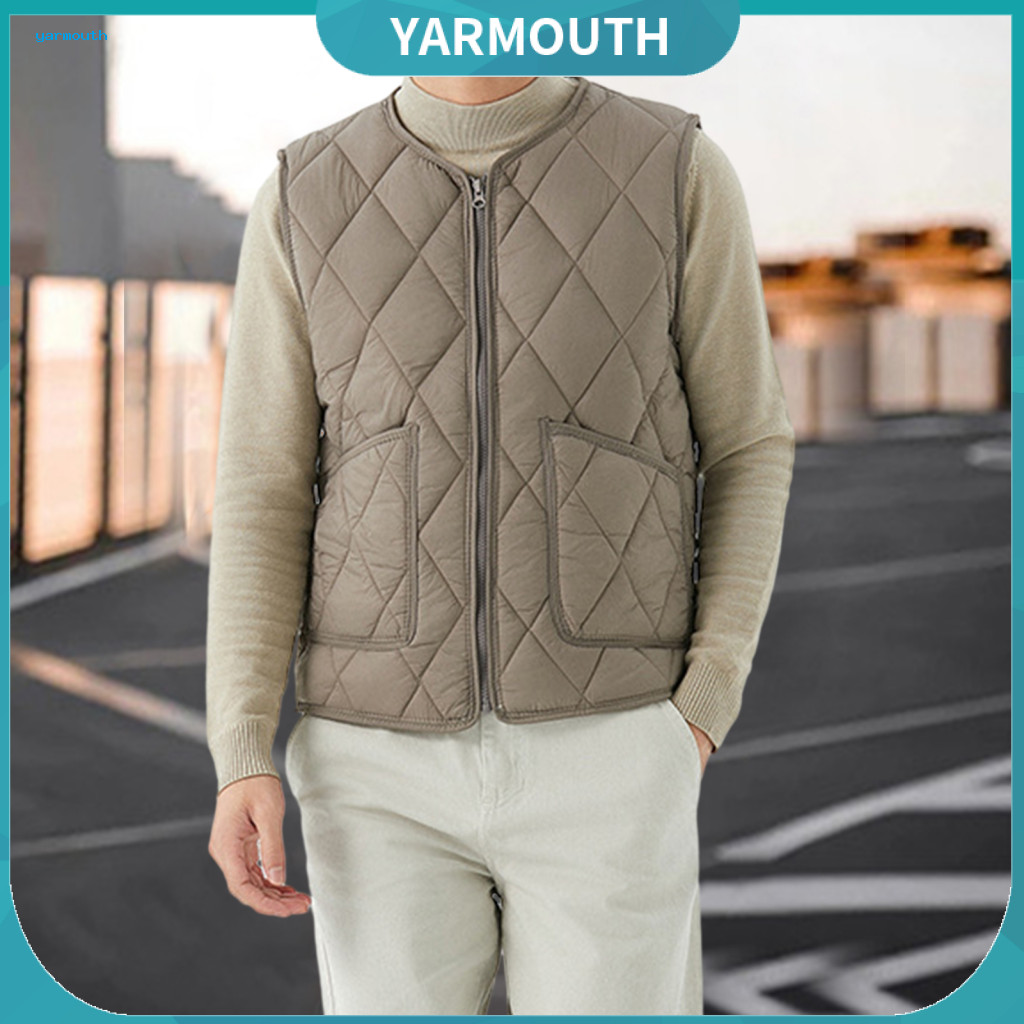 Solid Color Vest Men Versatile Women’s Jacket with Zipper Pockets V-neck Waistcoat Rhombus Pattern Velvet Lining – L