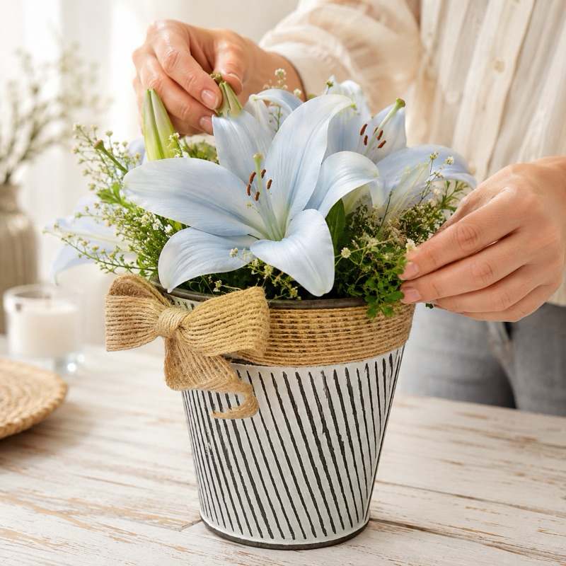 Vaso Vintage Decorativo de Ferro Galvanizado Balde para Flores Arranjos Mesa Jardim Decoração Rústica