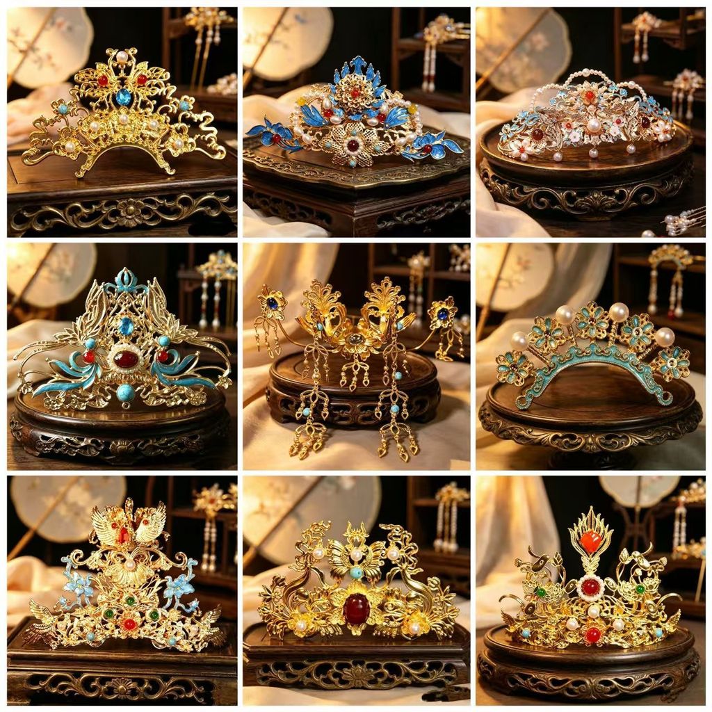 Estilo antigo indústria pesada ponto esmeralda pequena coroa de cabelo Hanfu topo Hairpin acessórios de cabelo estilo pa