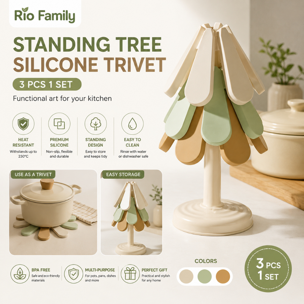 Conjunto De 3 Peças De Trivet De Silicone Para Árvore Em Pé | Porta-Panelas Resistente Ao Calor Cozinha Dobrável