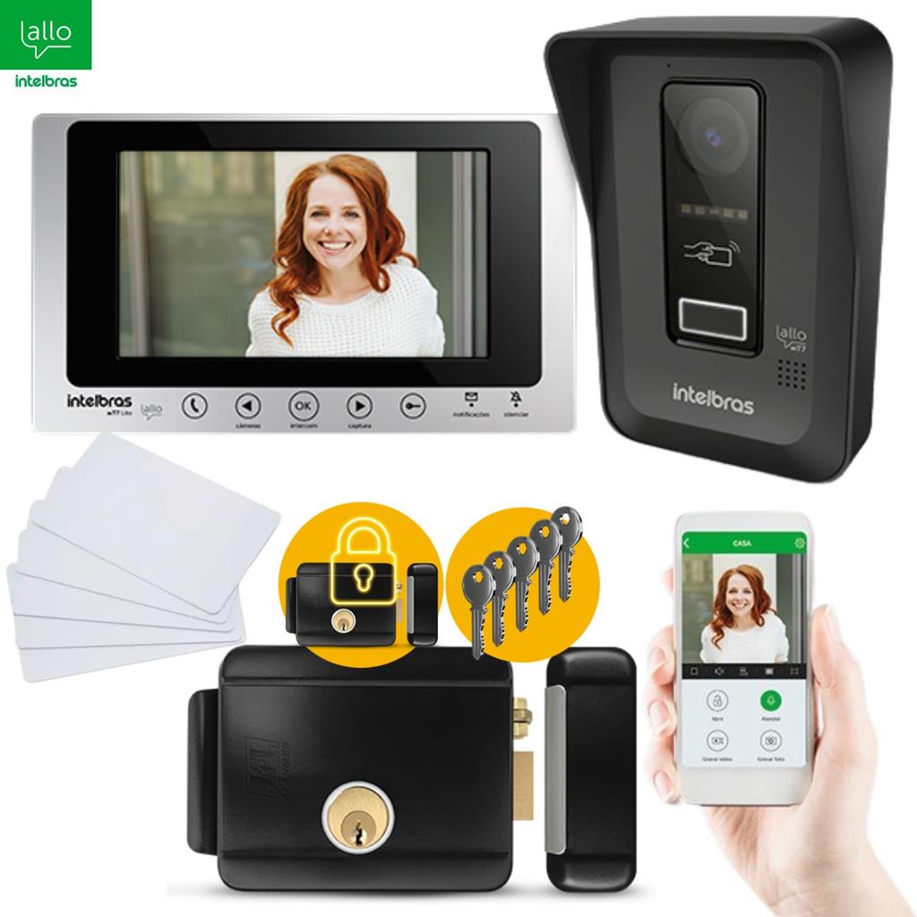 Kit Vídeo Porteiro Wi-Fi wT7 Lite Intelbras c/ Fechadura F101 + 5 Tags RFID e 2 Monitores
