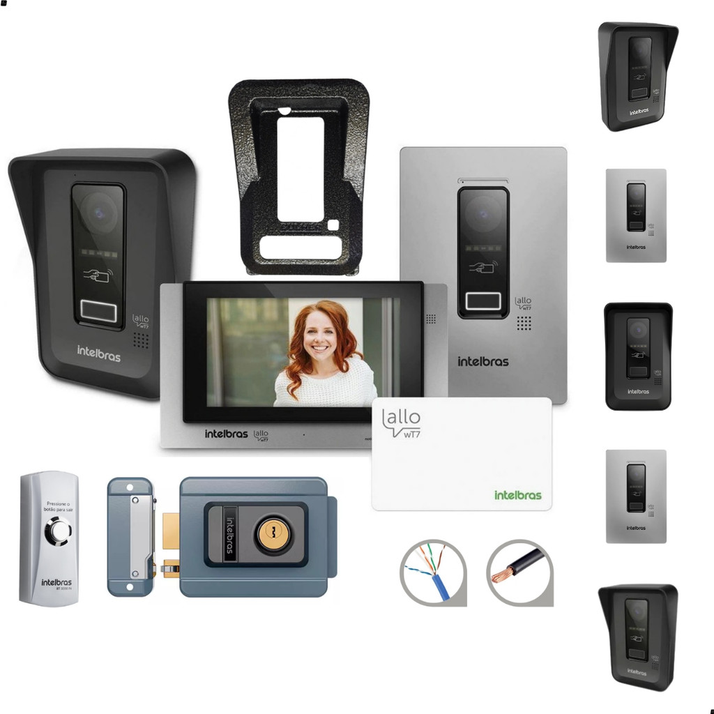 kit Interfone de Video Porteiro Wi-fi Allo Wt7 Com Botoeira Fechadura E Protetor Antifurto.