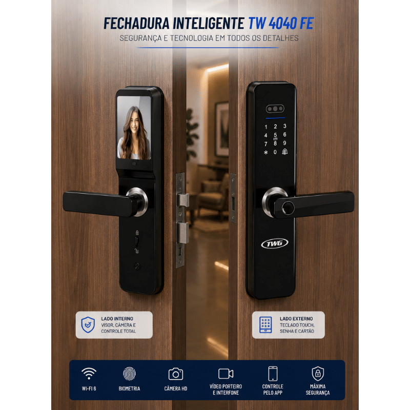 FECHADURA DE EMBUTIR TWG TW 4040 FE WI-FI COM TELA VIDEO PORTEIRO