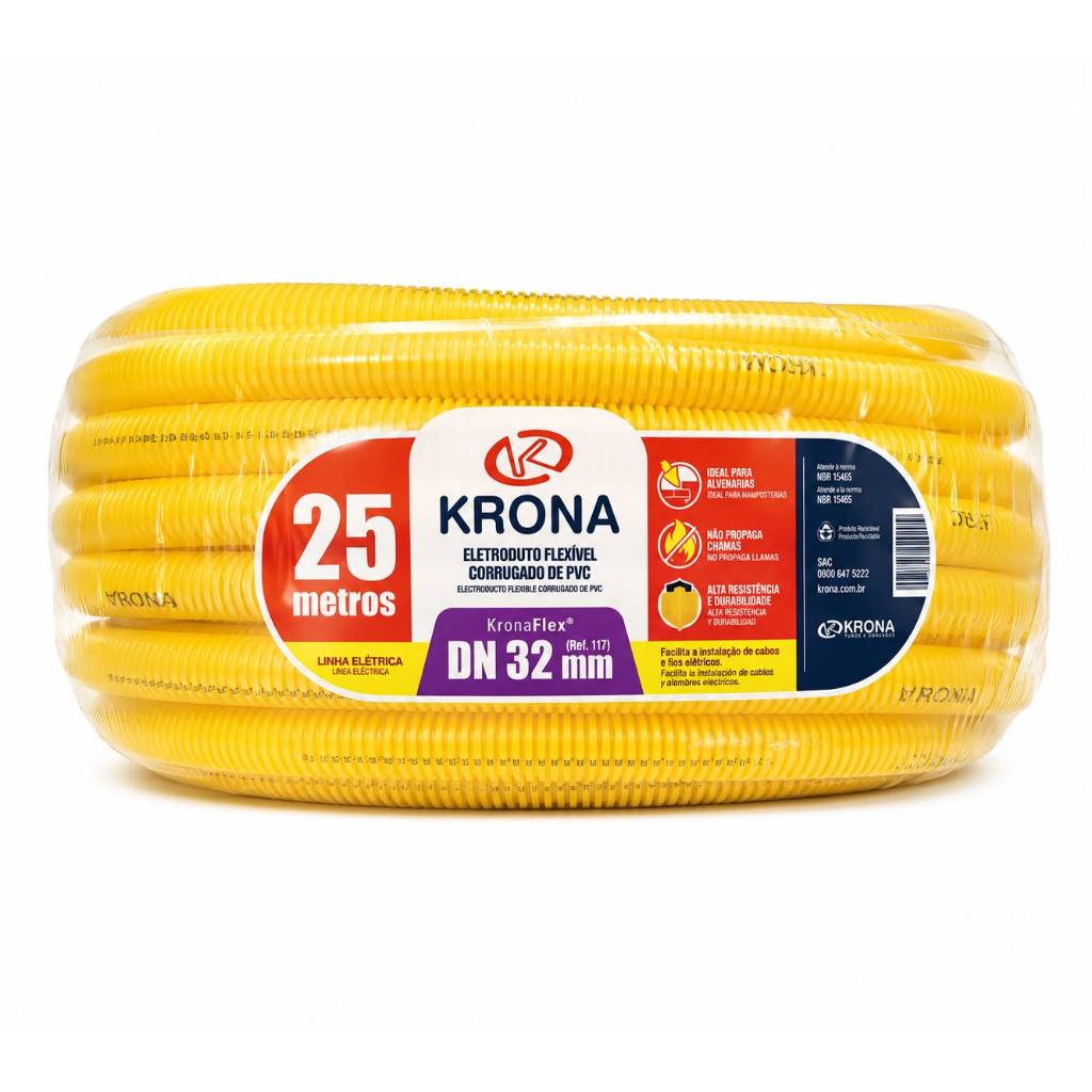 Mangueira Corrugada KronaFlex DN 32mm 25 Metros Amarelo – Conduíte Flexível PVC para Instalação Elétrica