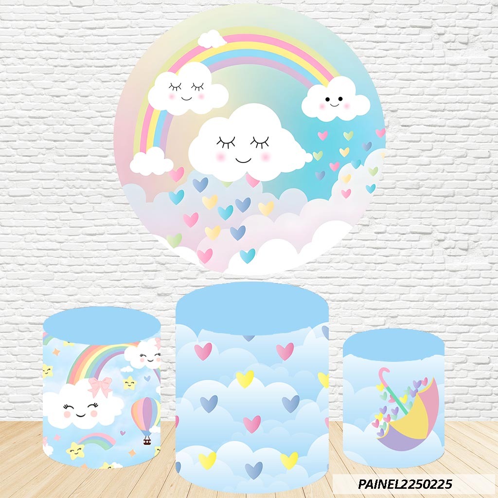 Kit de Capas Painel Redondo Sublimado Nuvens Cute 1,50M + Trio Capas de Cilindro C/Elástico