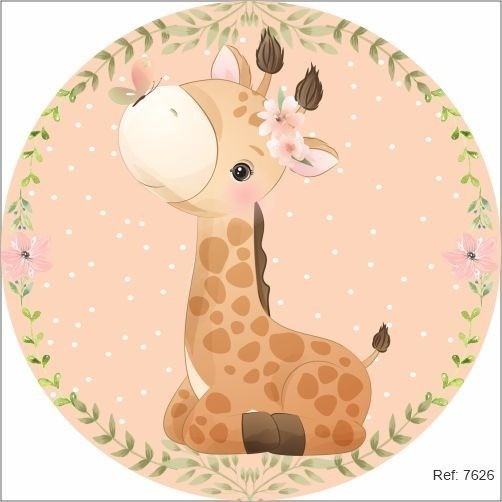 Painel Redondo Tema Girafa Cute 3D 1,50x1,50m Tecido Sublimado Com Elástico Veste Fácil Para Festa Decoração Aniversário
