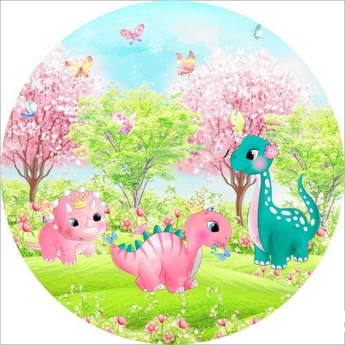 Painel Redondo 1.50x1.50m Com Elástico Estampa Tema Dinossauros Cute 3D Em Tecido Sublimado Para Festa Decoração