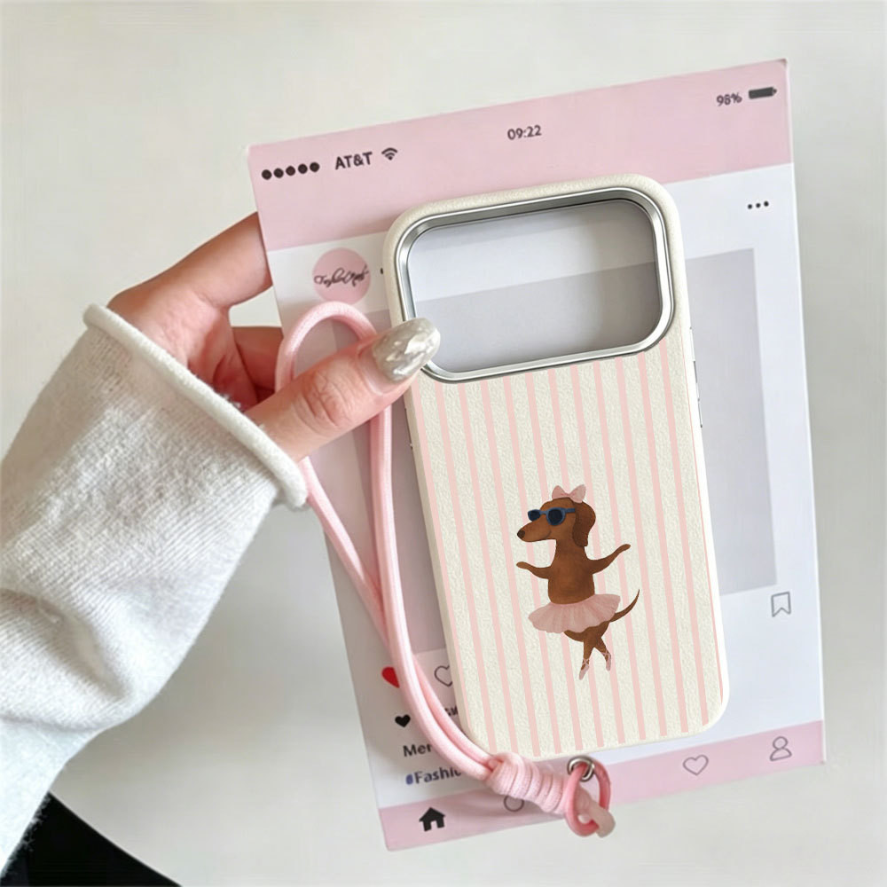 Cachorro Salsicha Listras Capa Capinha Para iPhone 16 15 14 Plus 17 Air 13 12 11 18 Pro Max Textura de Couro Macio