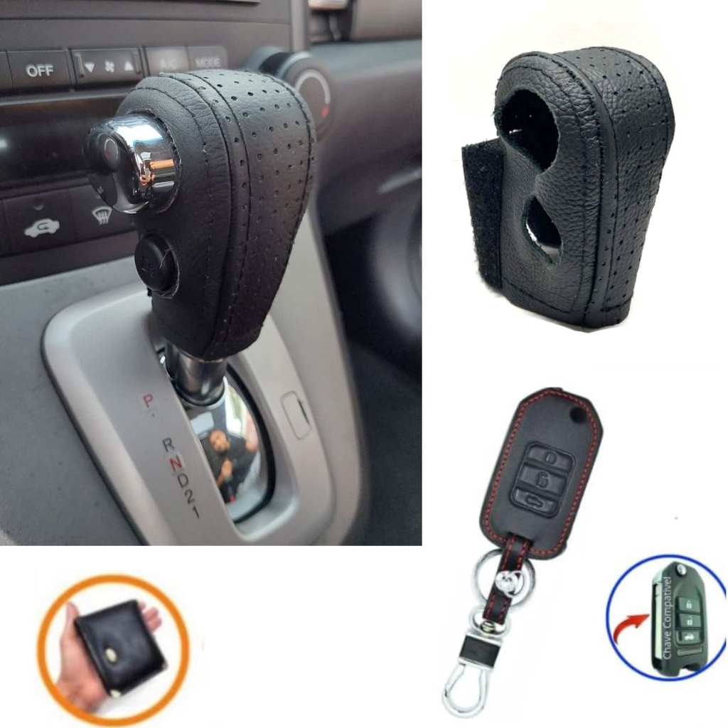 Kit Acessório em Couro Honda Crv Ex 2007 a 2011 Capas para Chave Canivete e Manopla de cambio automático