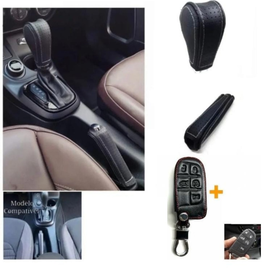 Kit Capas em couro para Manopla de Cambio alavanca de Freio e Chave automotiva Fiat Toro Volcano Argo Cronos Fastback