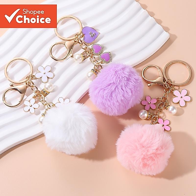 Flores De Bola De Pêlo Bonitas Esmalte Coração Decoração De Saco De Chaveiro Para Menina Presente Giro