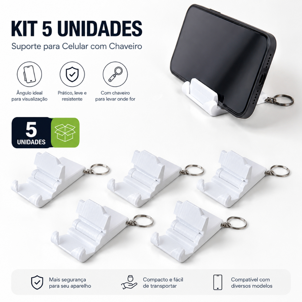 kit com Suporte Celular Chaveiro Dobrável Portátil Universal iPhone Android Mesa Presente