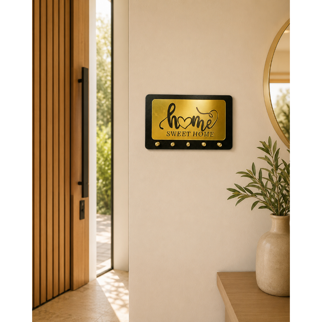 Porta-Chaves Home MDF Preto com Dourado 5 Ganchos e Chaveiro