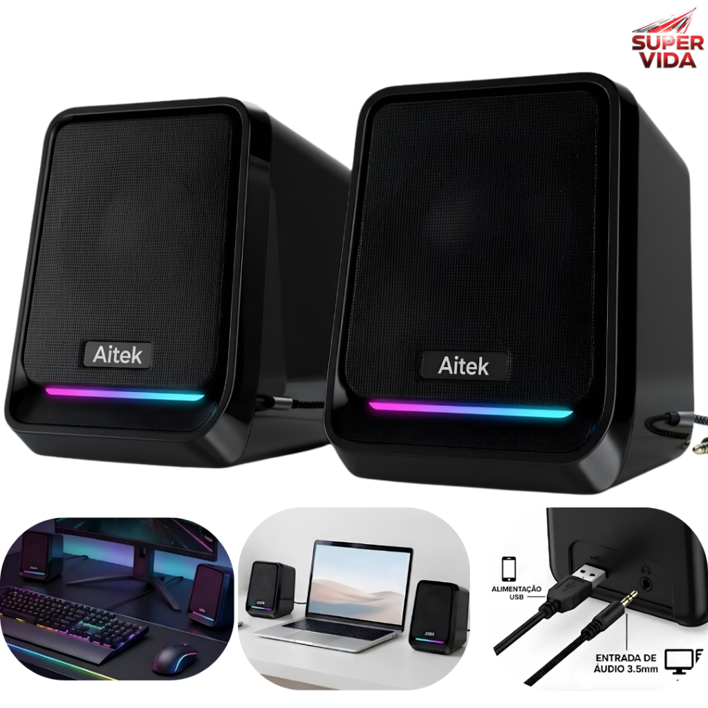 Caixa de som gamer para PC Estéreo 360° RGB 10W USB Áudio 3.5mm com Luz LED para Jogos e Trabalho