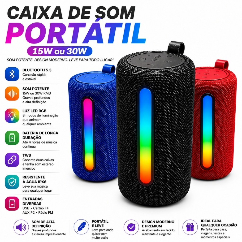 Caixa De Som Bluetooth Portátil Led Rgb 31BTL 33BTL Alto Falante Multimídia Fm P2 Usb 15w 30w