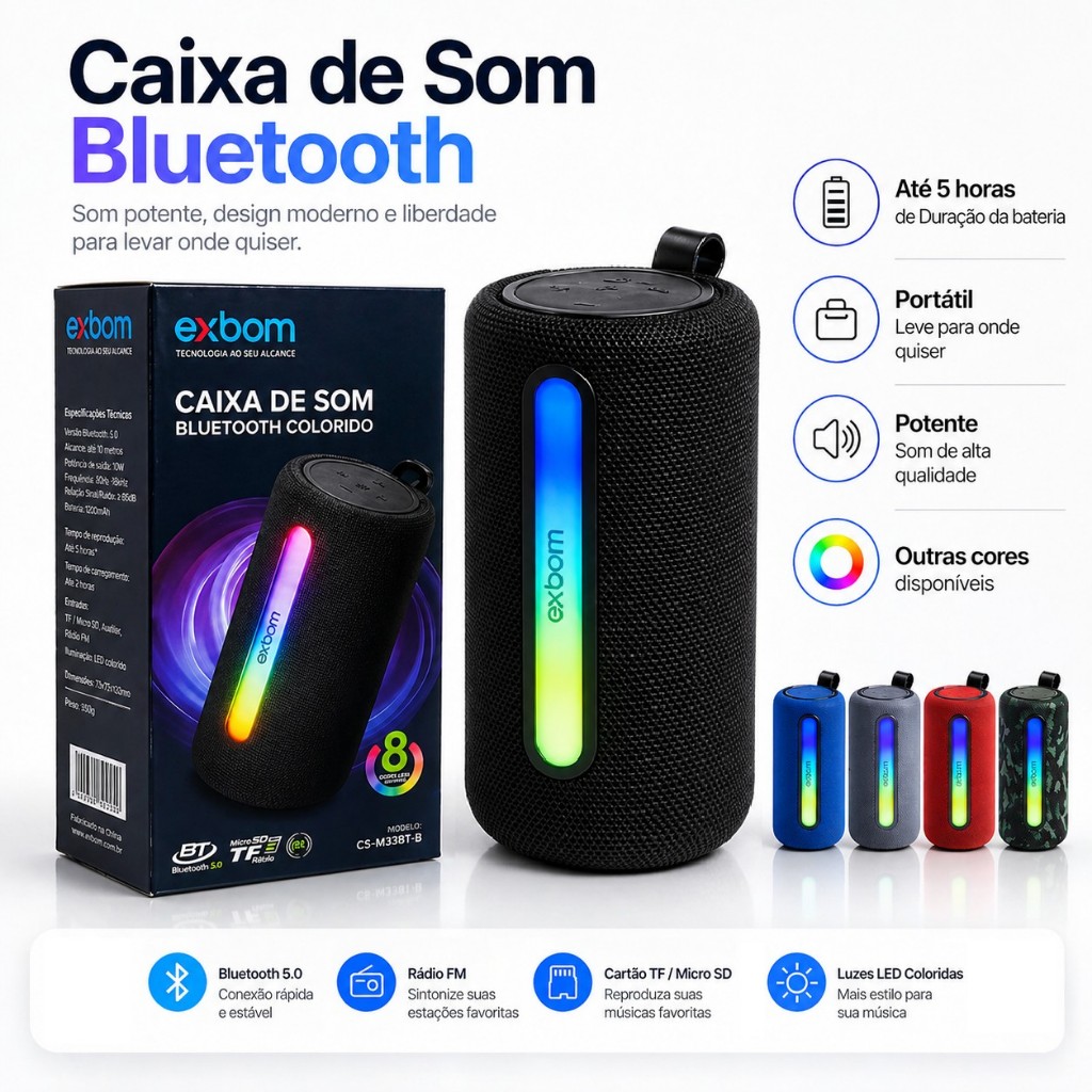 Caixa Som Bluetooth Portatil Exbom 31BTL 33BTL LED RGB 15W 30W Potente FM USB P2 Som 3D