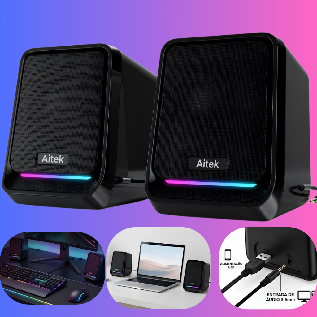 Caixa de som gamer para PC Estéreo 360° RGB 10W USB Áudio 3.5mm com Luz LED para Jogos e Trabalho
