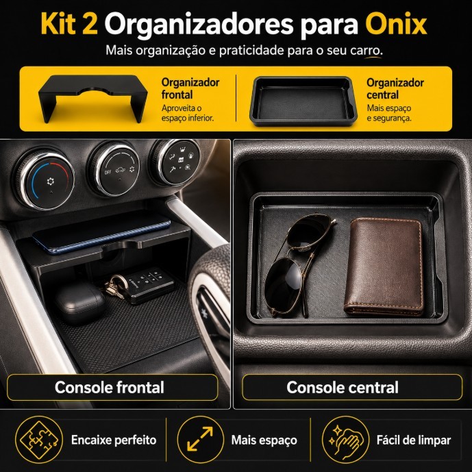 Kit Organizador Completo Console Onix e Ônix Plus - Bandeja Suporte Celular do Console Frontal E Divisor Console Central
