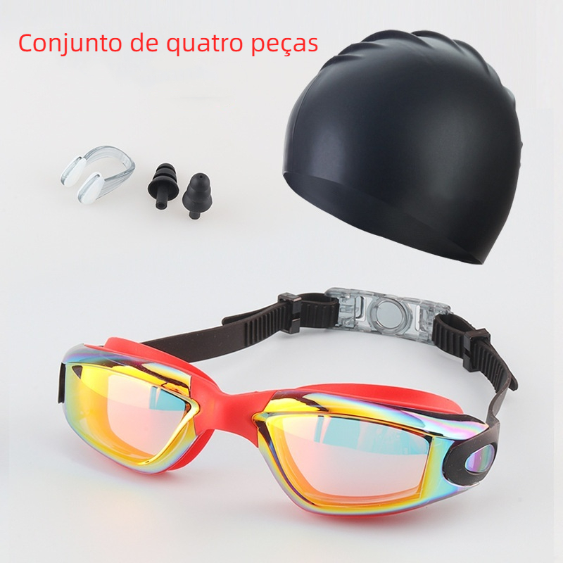 Óculos de natação, Tampas de natação, Clipes de nariz, Earbuds Conjunto de quatro peças Homens Mulheres Óculos de natação profissionais à prova d'água Equipamento de treinamento de natação Anti-embaciamento
