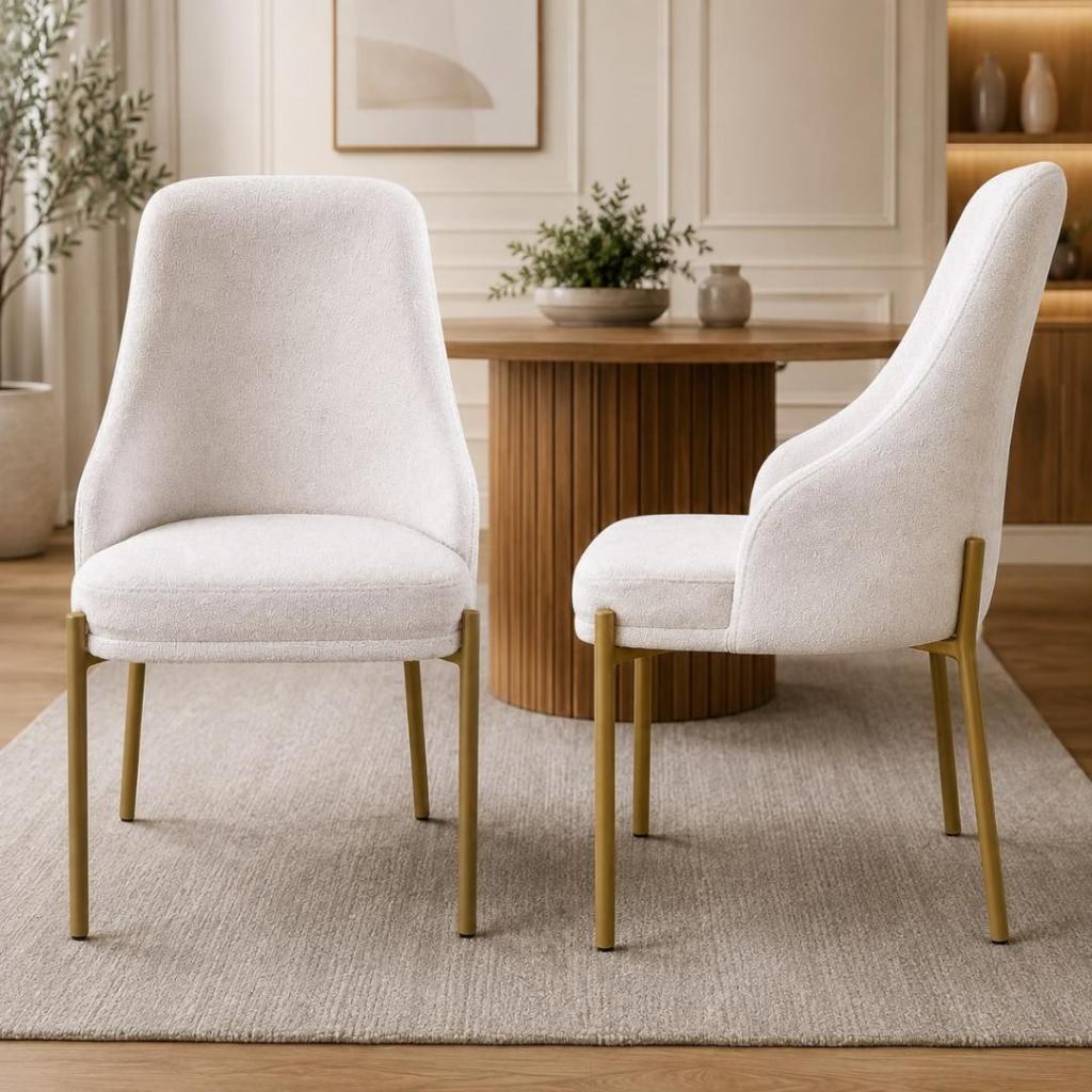 Kit 2 Cadeiras Alto Padrão em Bouclê  Design Orgânico Sala de Jantar Recepção Elegante Moderna Base em Aço Carbono