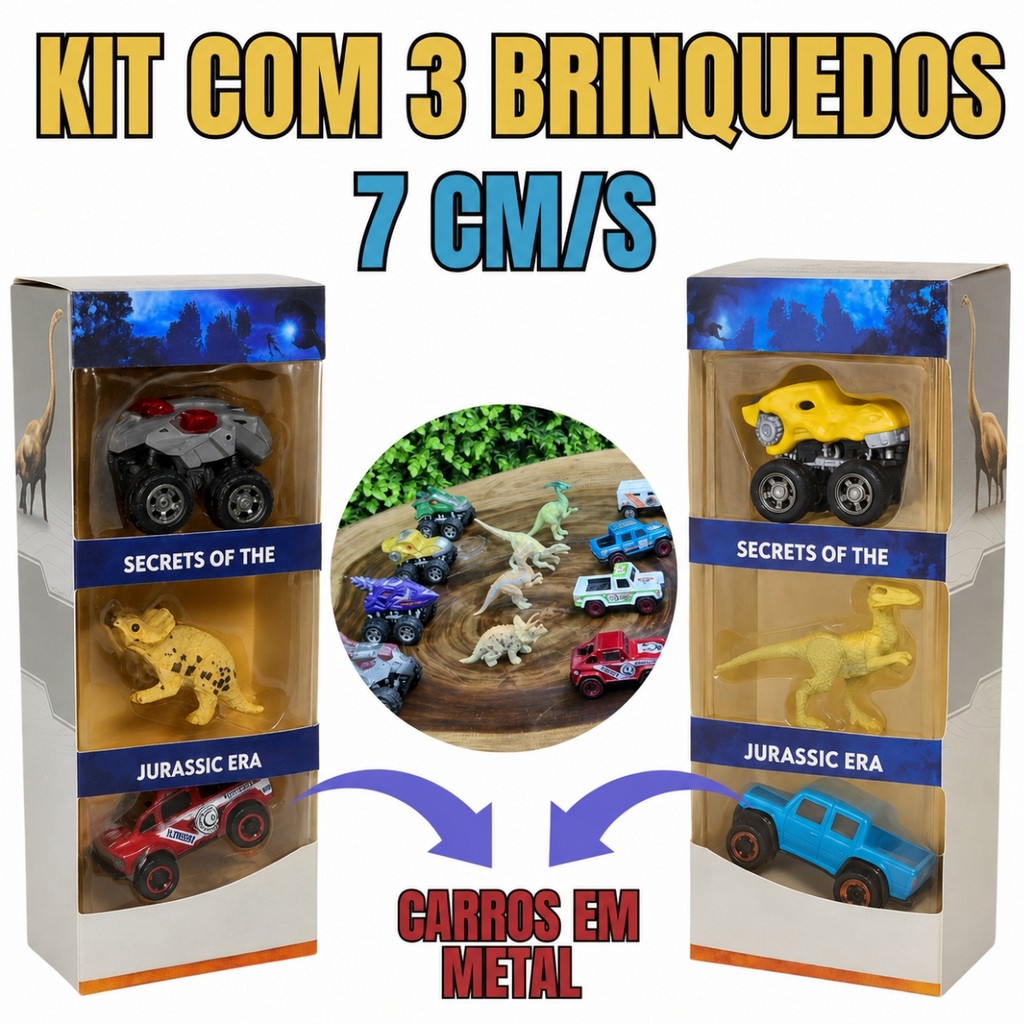 Kit Dinossauro Jurassic Era 3 Brinquedos com Carrinhos em Metal 7cm Inmetro Original