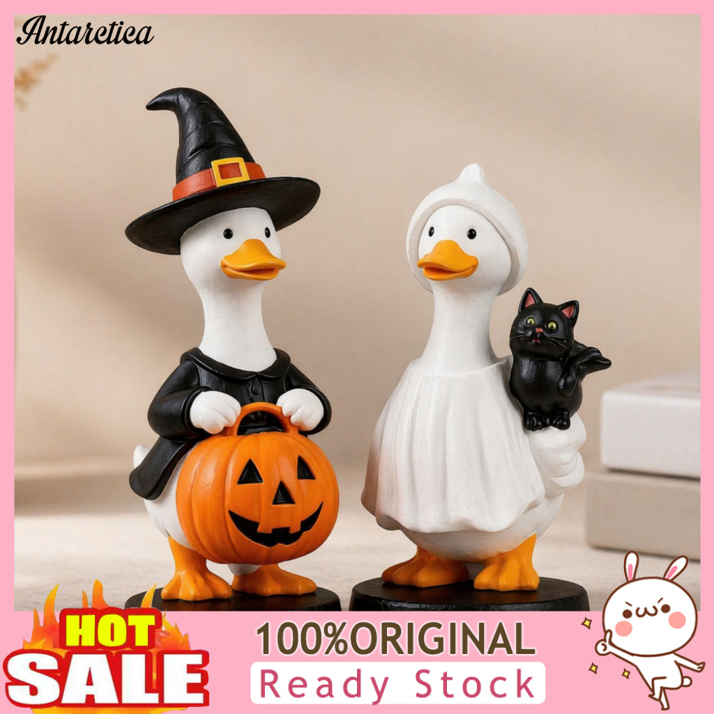 Halloween Resin Ornament Hand-painted Goose Statue Figurine with Witch Hat Cute Ghost Spooky Tabletop Shelf Decoration f