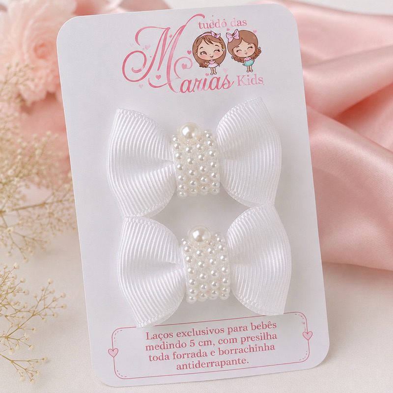 Kit Laço Infantil Branco Luxo  para Batizado com perolas Presilha Bico de Pato para Cabelo de Menina bebê RN no Branco