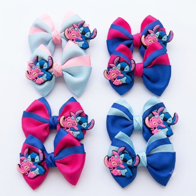 Stitch Parzinho  de Laços Stitch e Angel Infantil 8 cm Bico de Pato Encapado  Laço Médio  Fita Premium