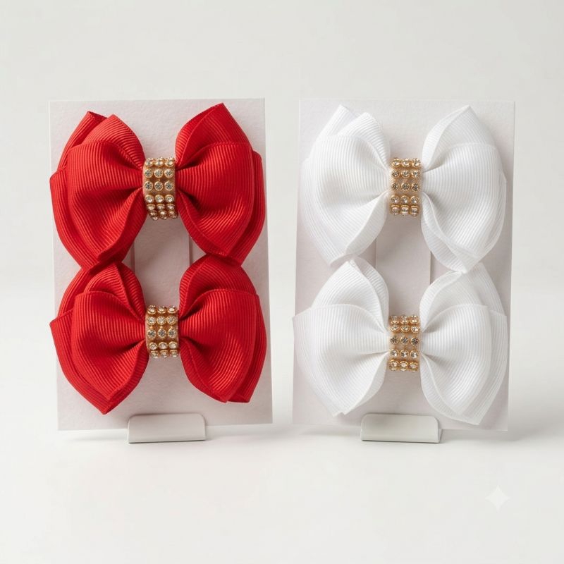 Par de Laços Natal e Ano Novo Infantil Vermelho e Branco com Strass | Laço Médio 7cm | Bico de Pato Encapado | Artesanal