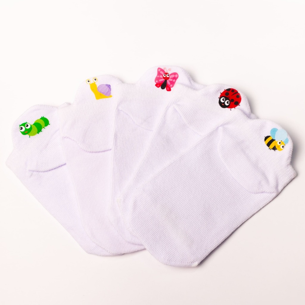 Kit 5 Pares Meias Infantil Branca com Desenhos de Animais e Proteção no Calcanhar