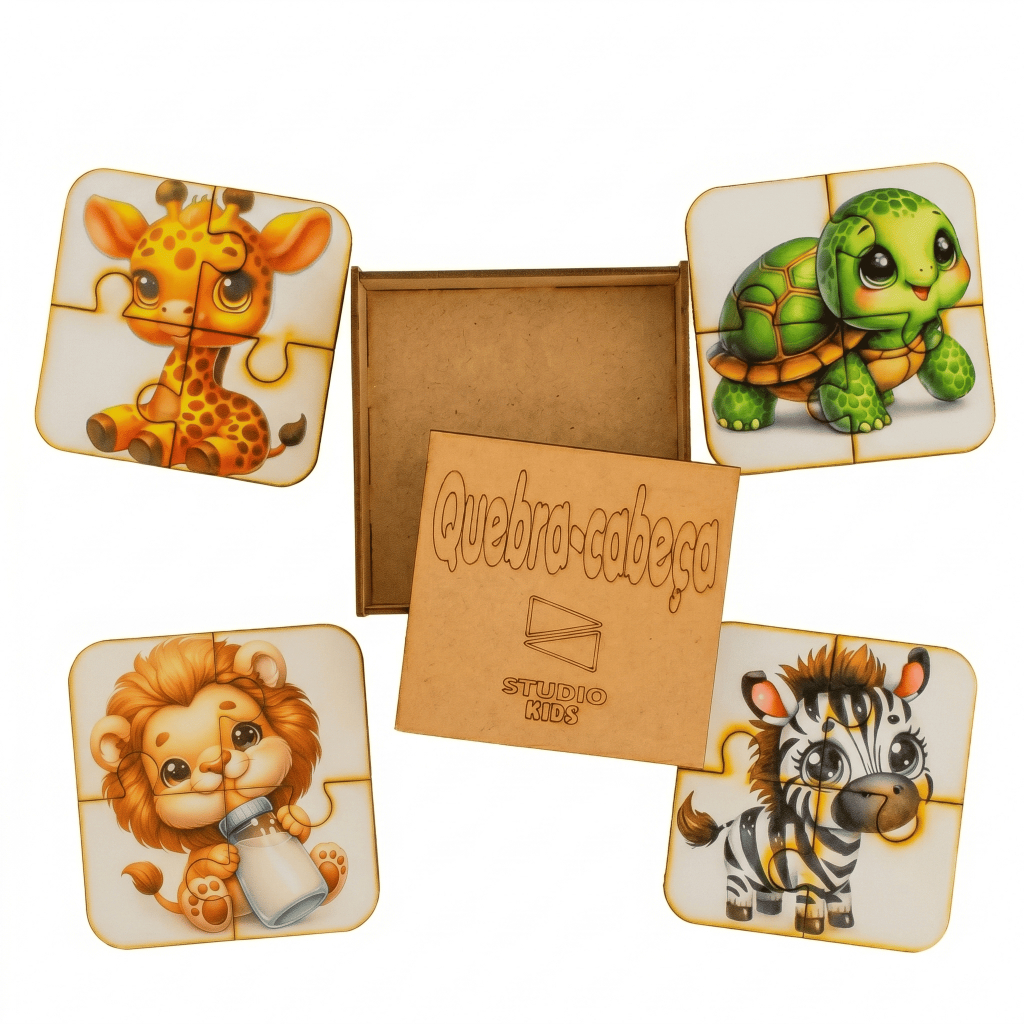 Kit 4 Quebra Cabeças Infantil MDF Baby Zoo Animais Educativo Leão Zebra Girafa Tartaruga