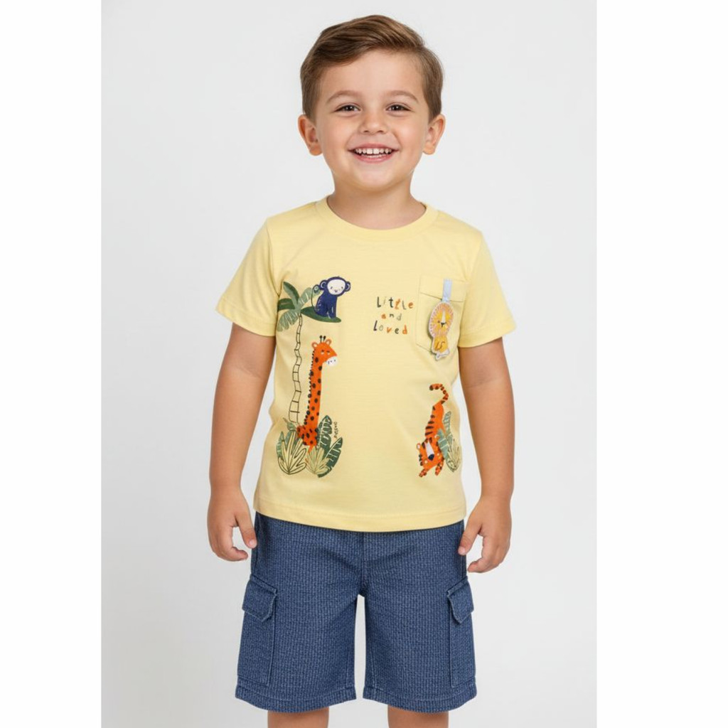 Conjunto Angerô Mundo Animal Caimento Leve Macio Algodão Dia a Dia Promoção Confortavel Short Linho