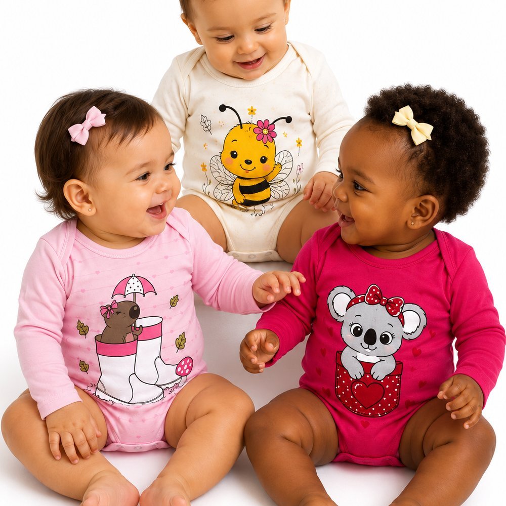 Kit 3 Body Bebê Feminino Manga Longa 100% Algodão Premium - Jardim dos Animais - Bebê Brincalhão