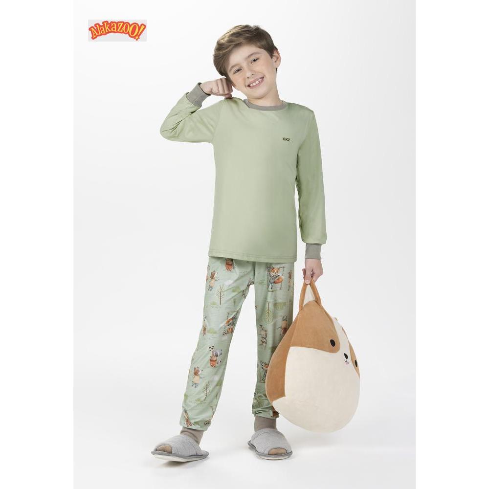 PIJAMA INFANTIL ALAKAZOO MALHA VERDE ESTAMPA ANIMAIS MANGA LONGA CONFORTÁVEL
