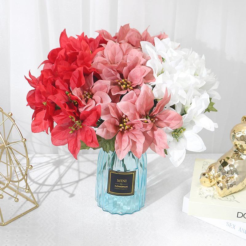 7 Cabeças De Flores Artificiais De Poinsétia De Natal Buquês De Arbusto Falsa Seda Enfeites De Árvore Decorações De Buqu