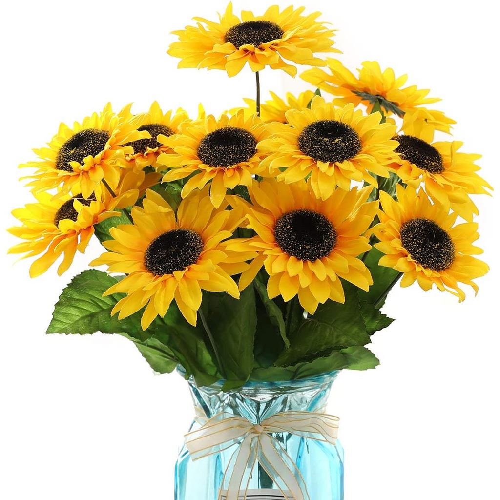 DerBlue Buquê de Girassóis Artificiais de 15,74'' com 14 Cabeças (Duas Flores de Diâmetros Diferentes) e 40 Folhas, Buqu