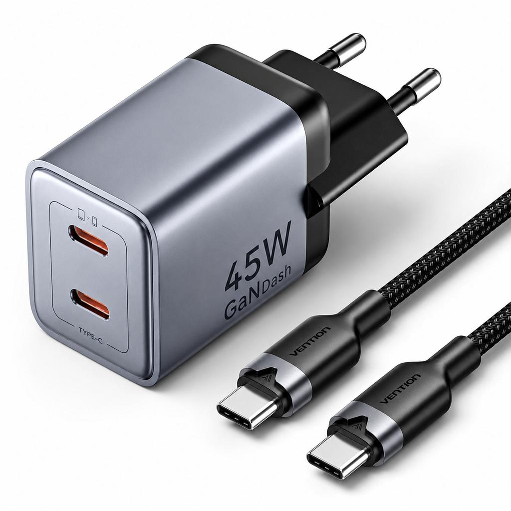 Vention Carregador Turbo 45w Gan 2x USB-C + Cabo 100w 1m