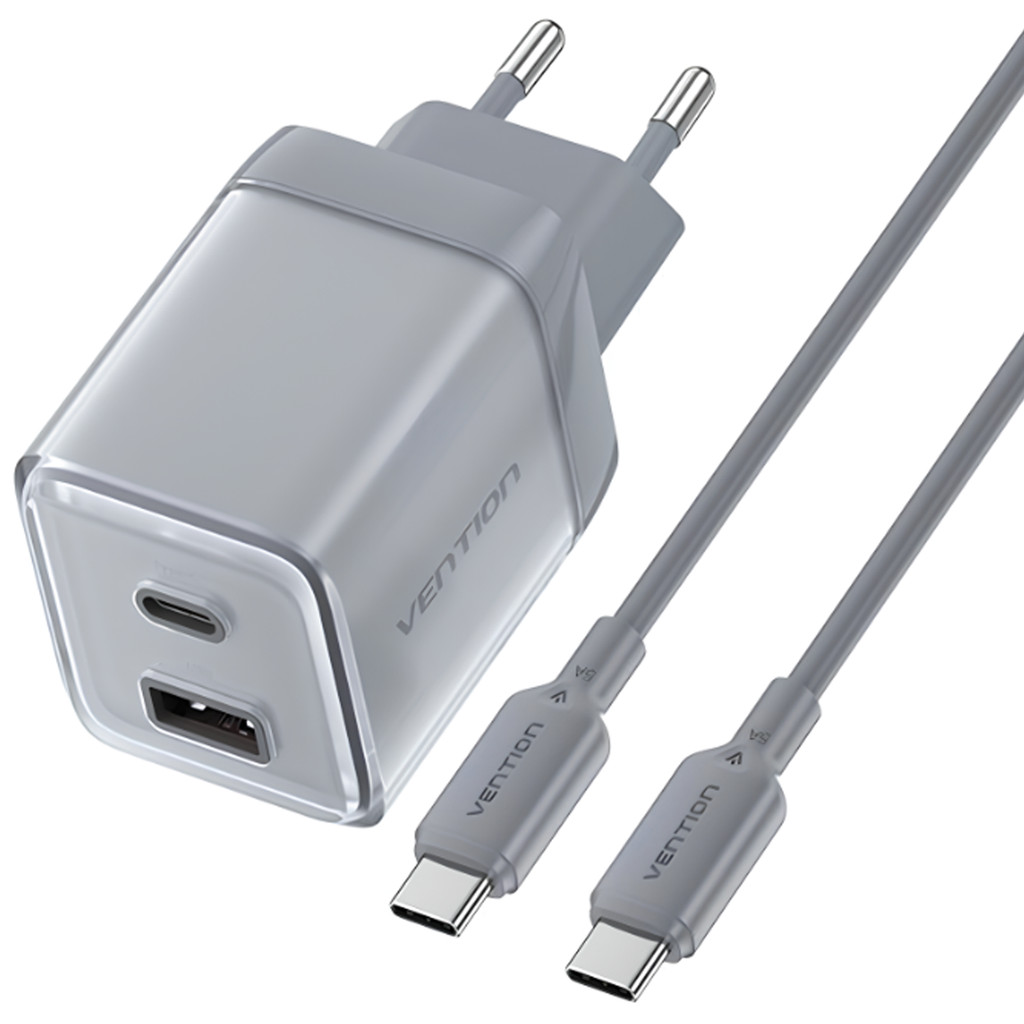 Fonte Carregador GaN 70W USB-C+USB-A PD + Cabo 100w Vention