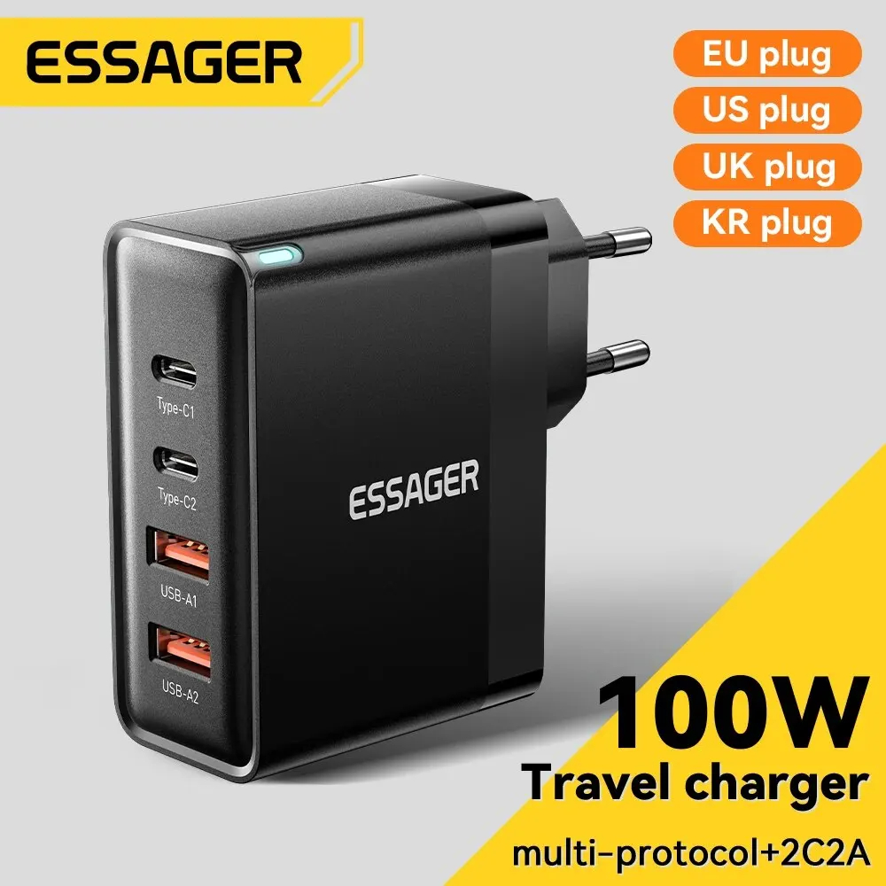 Carregador Essager 100W GaN USB Tipo C Carga Rápida PD QC 4.0 3.0 para iPhone Xiaomi Macbook