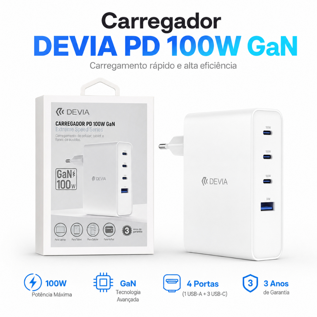 Carregador 100W PD GAN Devia 4 Portas 3 USB-C + USB-A Branco