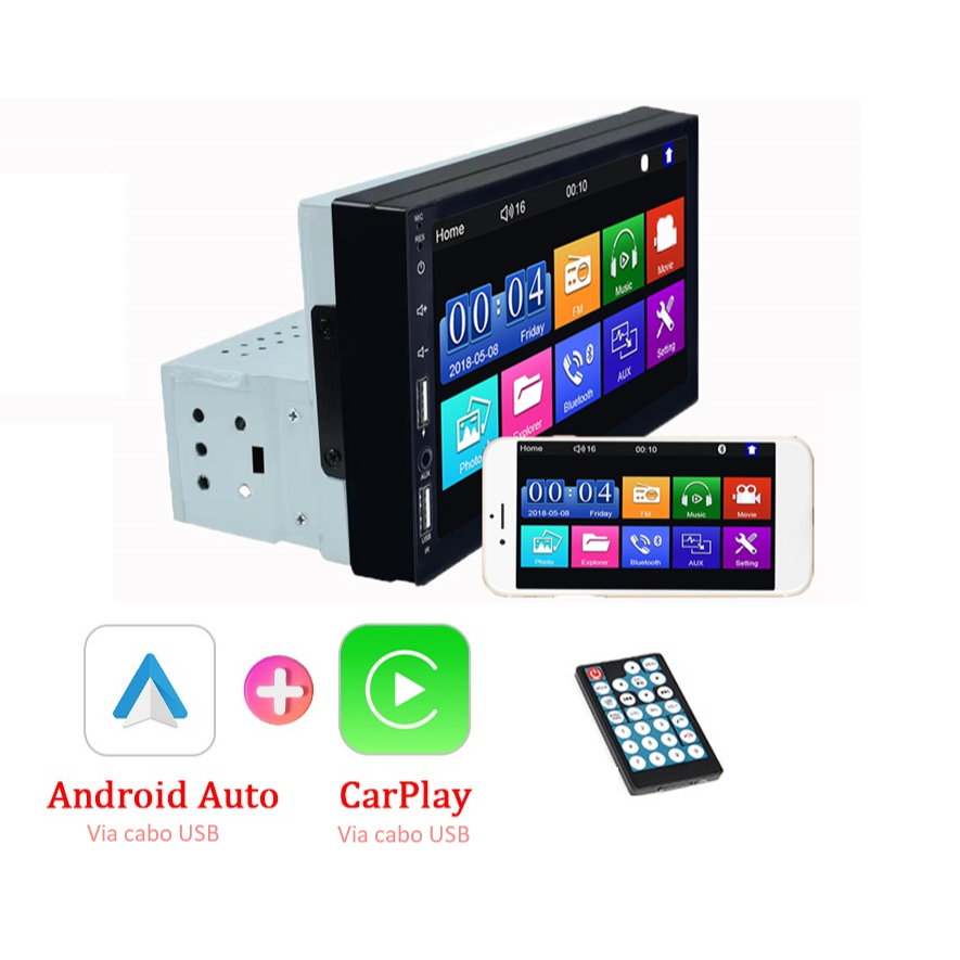 Central Multimídia CarPlay e Android Auto por USB, MP5 1Din, Bluetooth, e Espelhamento MAPS, Waze