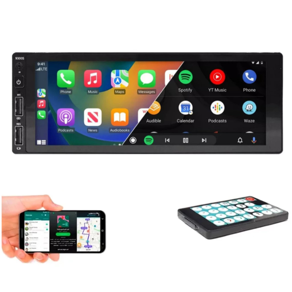 Central Multimídia 1Din 6.8 Pols, Android Auto e Carplay USB, Espelha Waze, Maps, Spotify, Bluetooth